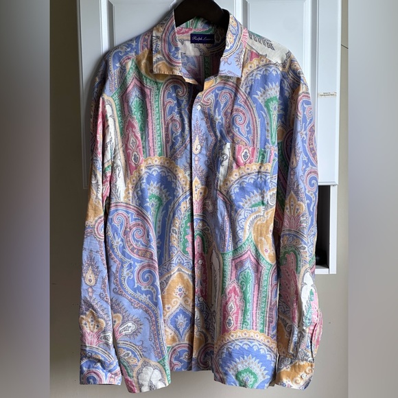 Ralph Lauren Purple Label Linen Cotton Paisley Blue Green Men’s Shirt Size XXL